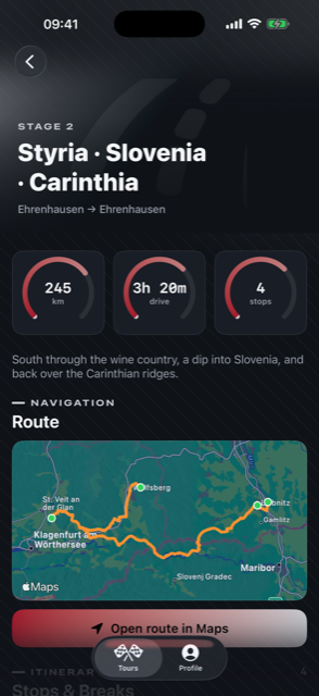 Stage detail with distance and drive-time gauges