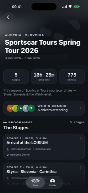 Tour overview with stages, stats and attending drivers